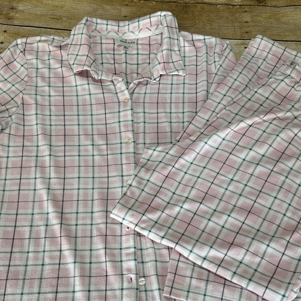 Anne Klein Pink and White Plaid 2Piece Pajama Set